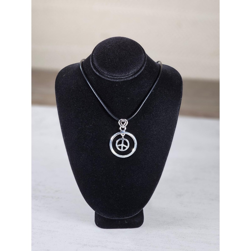 Vintage Peace Symbol Pendant Necklace Silver Tone Boho Jewelry - Picture 2 of 9